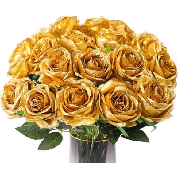 10 Pcs Artificial Gold Flowers Silk Roses Real Touch Bridal Wedding Bouquet - Picture 1 of 6